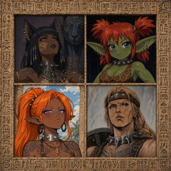 Bandits & Bondage character portraits in an Egyptian hieroglyph frame